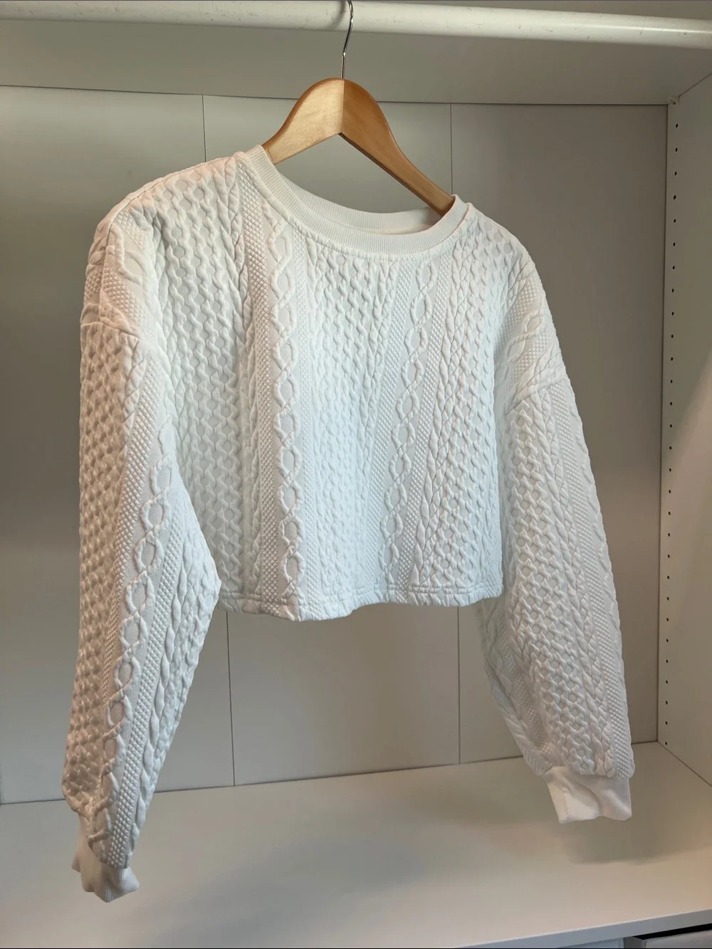 SHEIN White Cropped Cable Knit Crewneck Sweatshirt